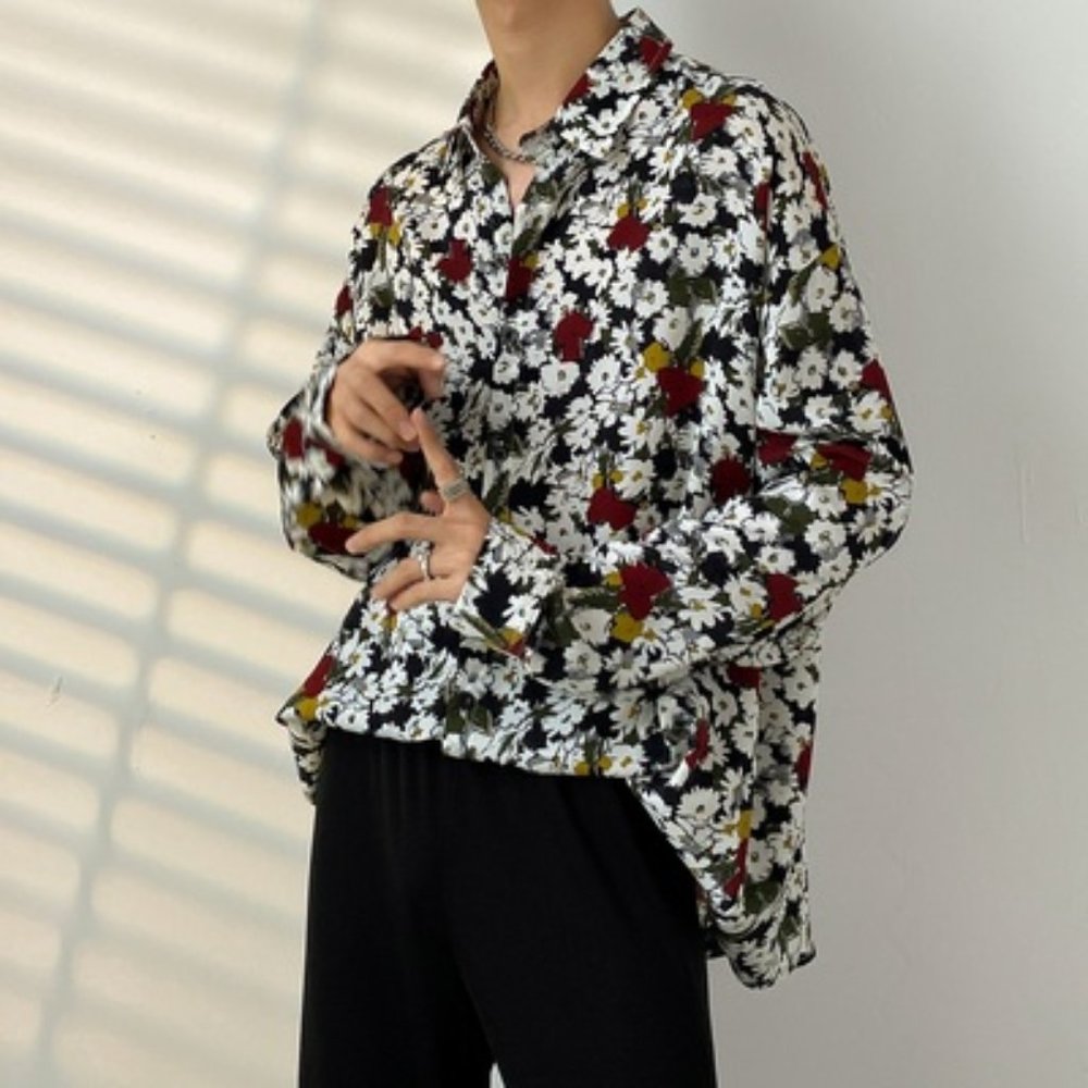 Vintage  long-sleeved shirt men's versatile loose couple flower shirt L